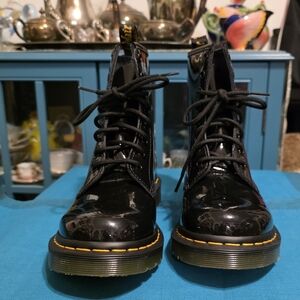 Dr. Martens 1460 Black Patent Leather Combat Boots with Yellow Stitching
